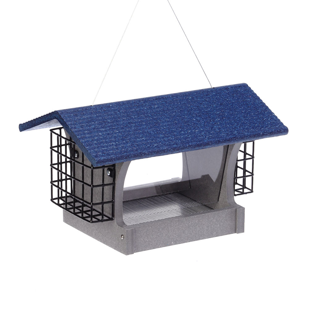 Green Solutions Hopper Feeder Gray with Suets  Blue Roof Medium 3 Qt.